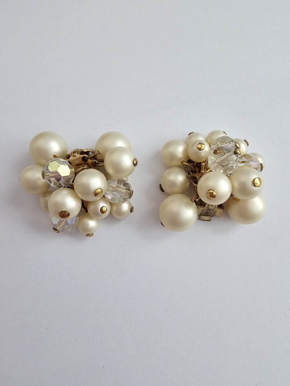 Vintage Mid Century Faux Pearl Aurora Borealis Crystal Cluster Clip On Earrings